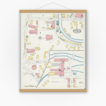 Old map wall art mockup — magnetic wood frame on white wall — Sanborn Fire Insurance Map from North Adams, Berkshire County, Massachusetts (1892), Sheet #0004