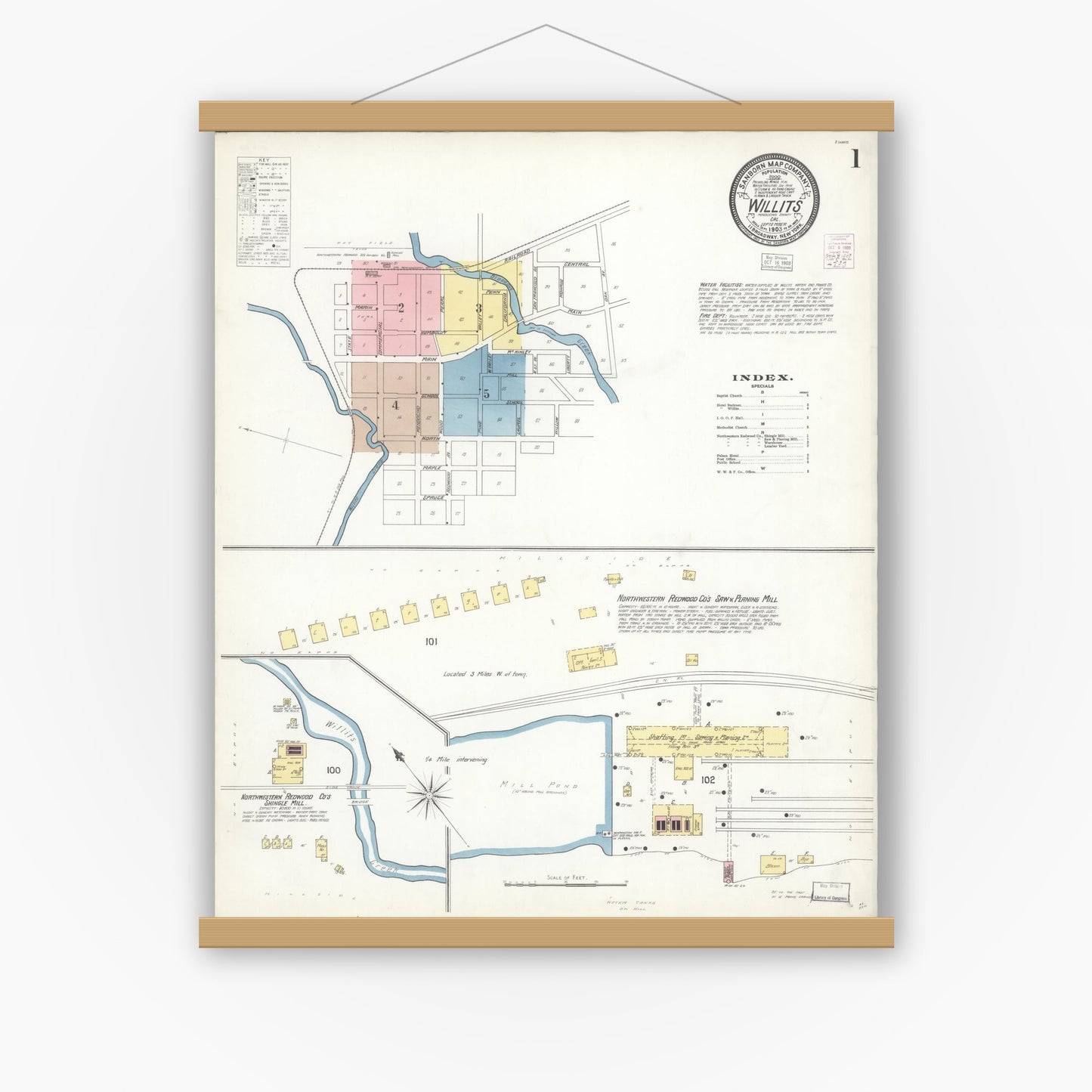 Old map wall art mockup — magnetic wood frame on white wall — Sanborn Fire Insurance Map from Willits, Mendocino County, California (1903) - Complete Map Set