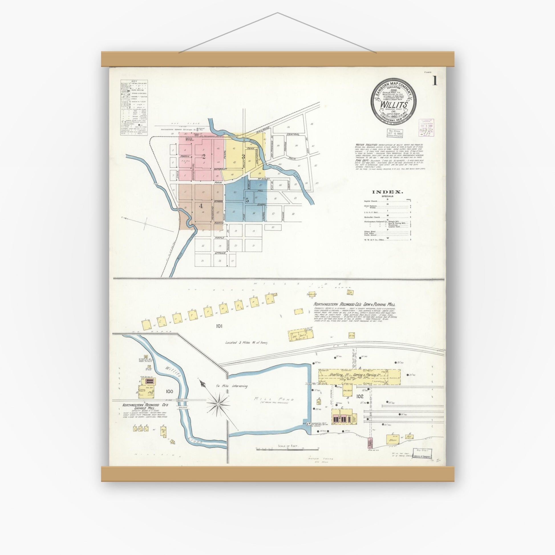 Old map wall art mockup — magnetic wood frame on white wall — Sanborn Fire Insurance Map from Willits, Mendocino County, California (1903) - Complete Map Set