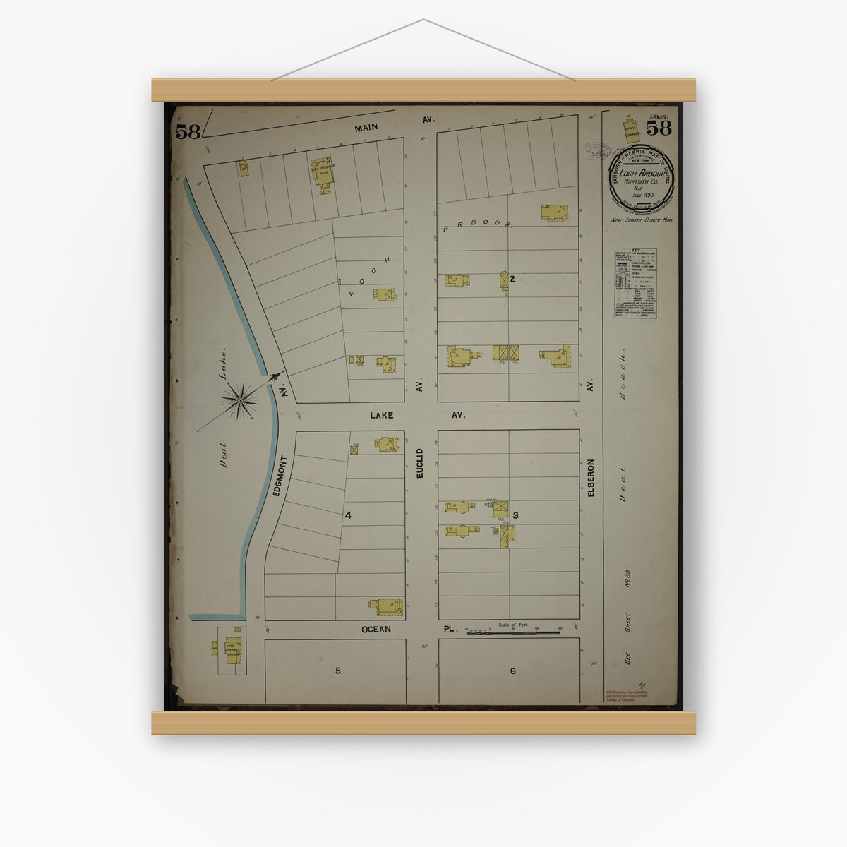 Old map wall art mockup — magnetic wood frame on white wall — Sanborn Fire Insurance Map from New Jersey Coast, New Jersey Coast, New Jersey (1890), Sheet #0058