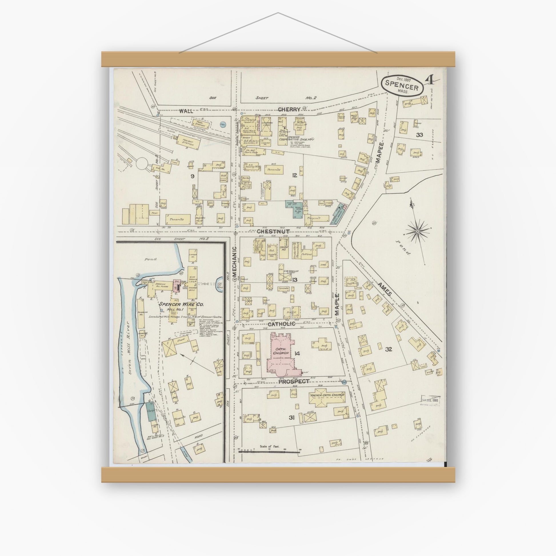 Old map wall art mockup — magnetic wood frame on white wall — Sanborn Fire Insurance Map from Spencer, Worcester County, Massachusetts (1887), Sheet #0004