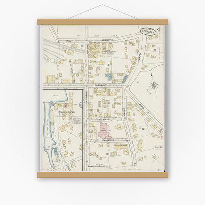 Old map wall art mockup — magnetic wood frame on white wall — Sanborn Fire Insurance Map from Spencer, Worcester County, Massachusetts (1887), Sheet #0004