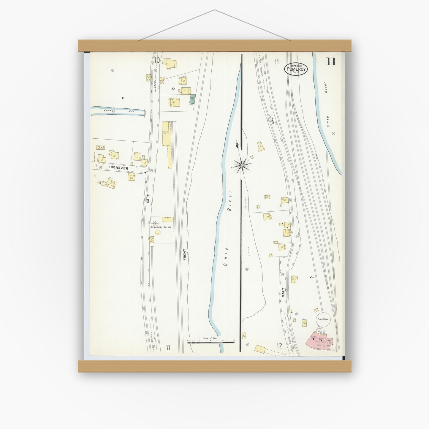 Old map wall art mockup — magnetic wood frame on white wall — Sanborn Fire Insurance Map from Pomeroy, Meigs County, Ohio (1908), Sheet #0011