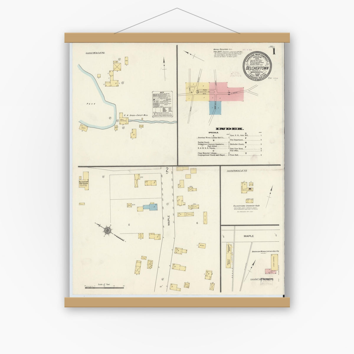 Old map wall art mockup — magnetic wood frame on white wall — Sanborn Fire Insurance Map from Belchertown, Hampshire County, Massachusetts (1910) - Complete Map Set