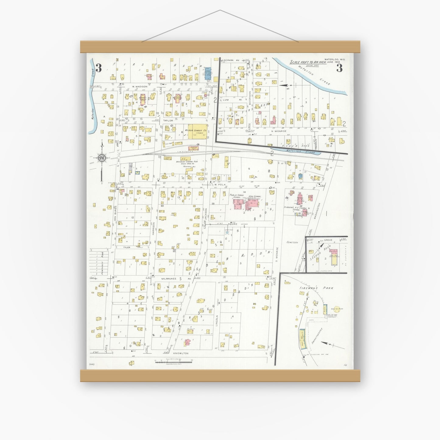Old map wall art mockup — magnetic wood frame on white wall — Sanborn Fire Insurance Map from Waterloo, Jefferson County, Wisconsin (1936), Sheet #0003