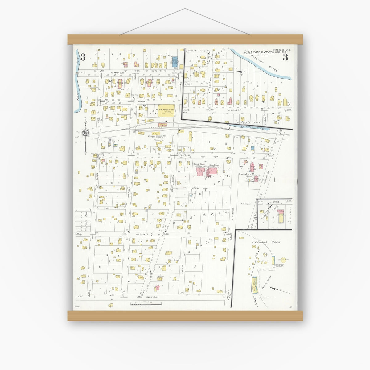 Old map wall art mockup — magnetic wood frame on white wall — Sanborn Fire Insurance Map from Waterloo, Jefferson County, Wisconsin (1936), Sheet #0003
