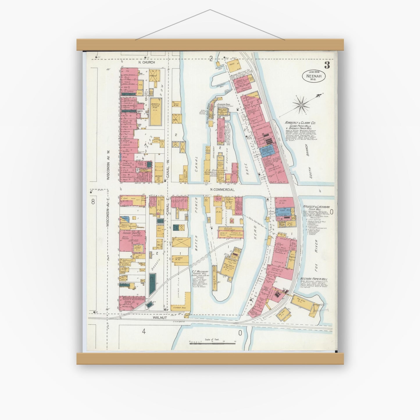 Old map wall art mockup — magnetic wood frame on white wall — Sanborn Fire Insurance Map from Neenah, Winnebago County, Wisconsin (1906), Sheet #0003
