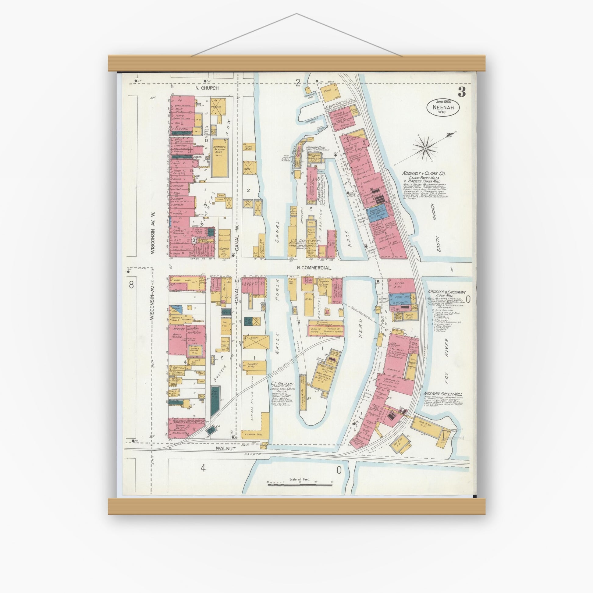 Old map wall art mockup — magnetic wood frame on white wall — Sanborn Fire Insurance Map from Neenah, Winnebago County, Wisconsin (1906), Sheet #0003