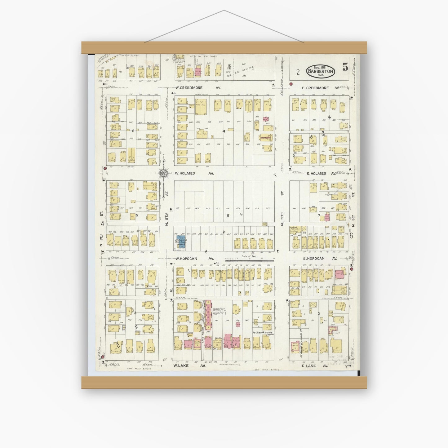 Old map wall art mockup — magnetic wood frame on white wall — Sanborn Fire Insurance Map from Barberton, Summit County, Ohio (1916), Sheet #0005