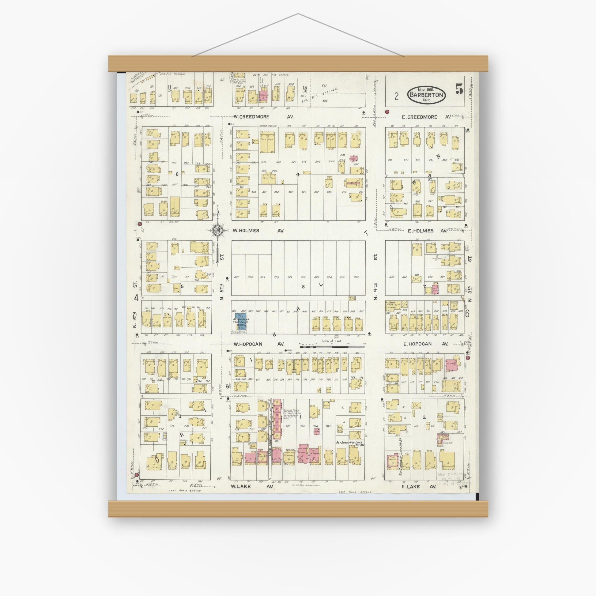 Old map wall art mockup — magnetic wood frame on white wall — Sanborn Fire Insurance Map from Barberton, Summit County, Ohio (1916), Sheet #0005