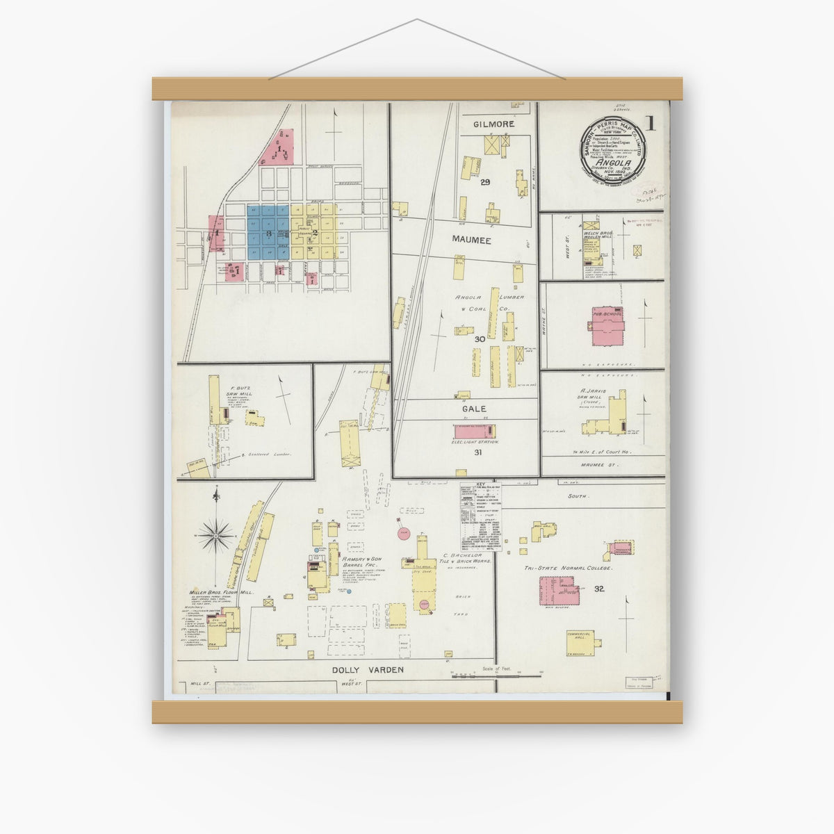 Old map wall art mockup — magnetic wood frame on white wall — Sanborn Fire Insurance Map from Angola, Steuben County, Indiana (1892), Sheet #0001