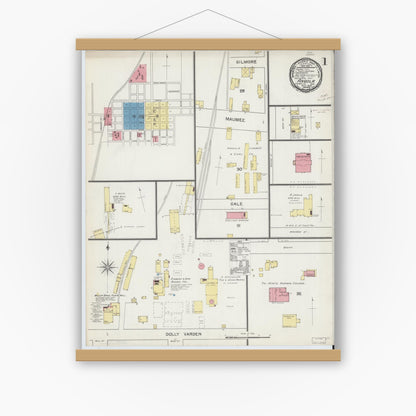 Old map wall art mockup — magnetic wood frame on white wall — Sanborn Fire Insurance Map from Angola, Steuben County, Indiana (1892), Sheet #0001