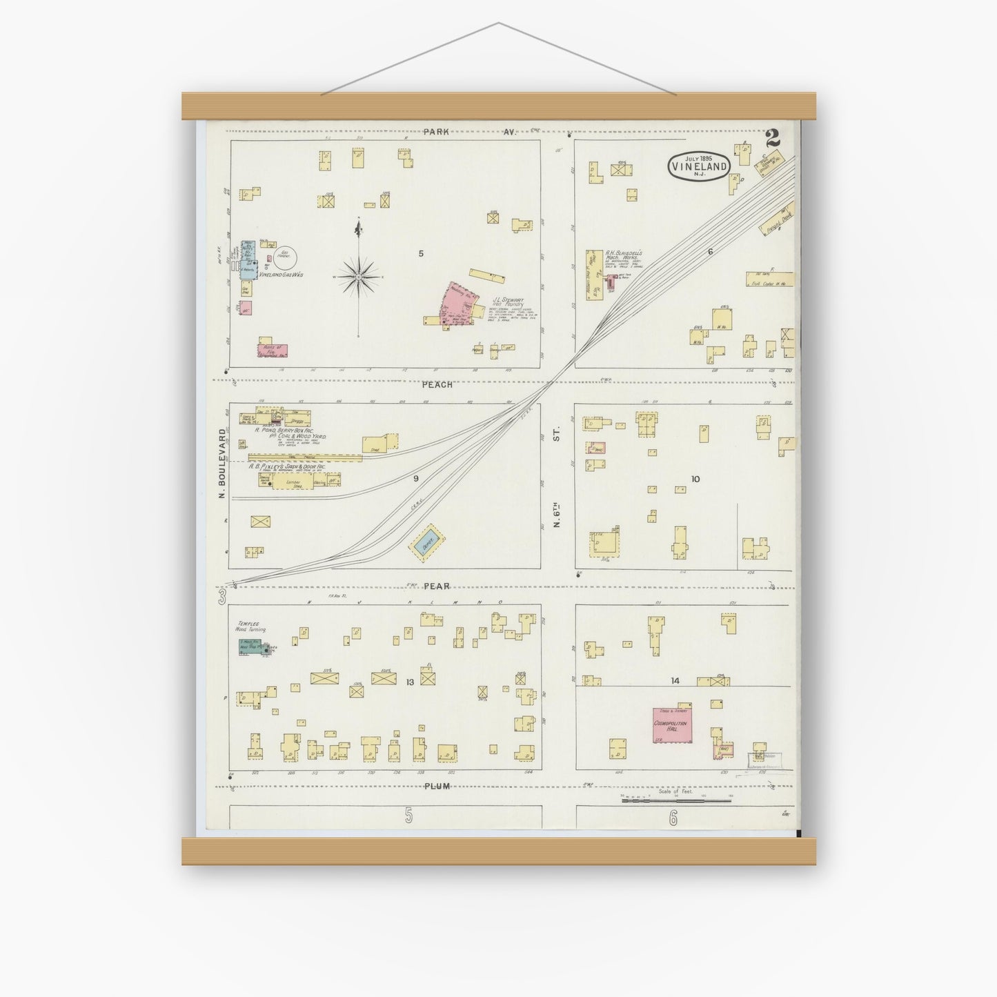 Old map wall art mockup — magnetic wood frame on white wall — Sanborn Fire Insurance Map from Vineland, Cumberland County, New Jersey (1895), Sheet #0002