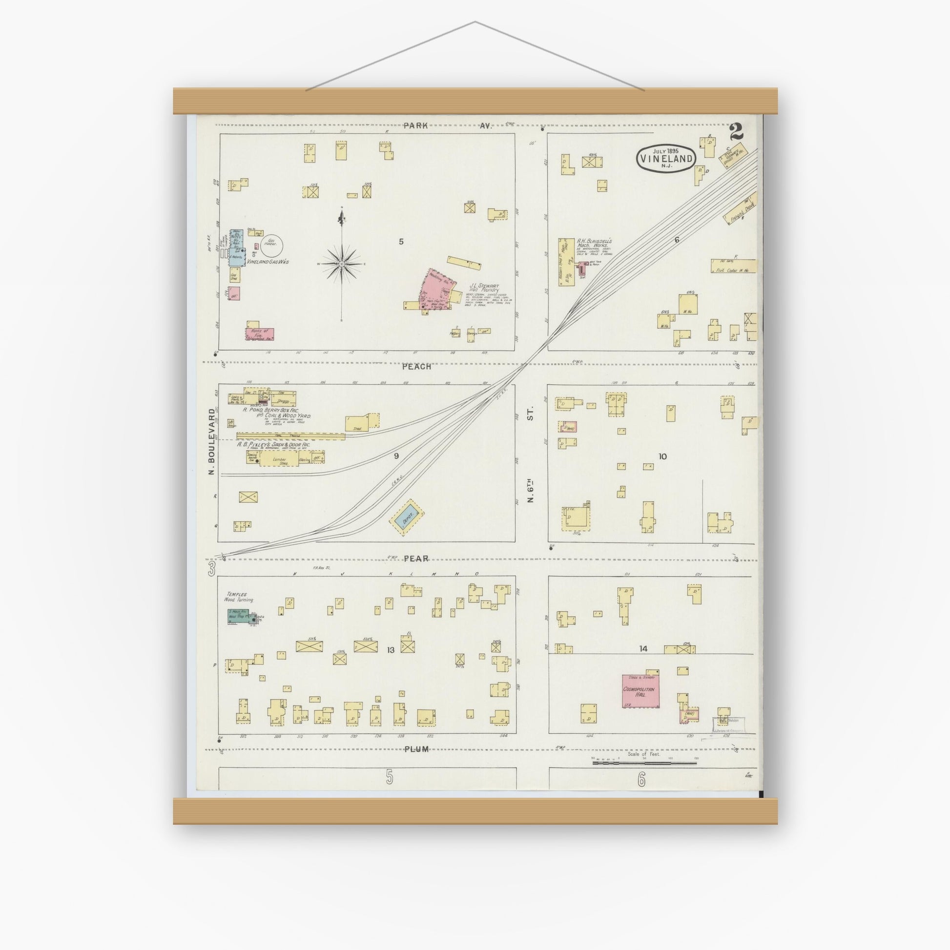 Old map wall art mockup — magnetic wood frame on white wall — Sanborn Fire Insurance Map from Vineland, Cumberland County, New Jersey (1895), Sheet #0002