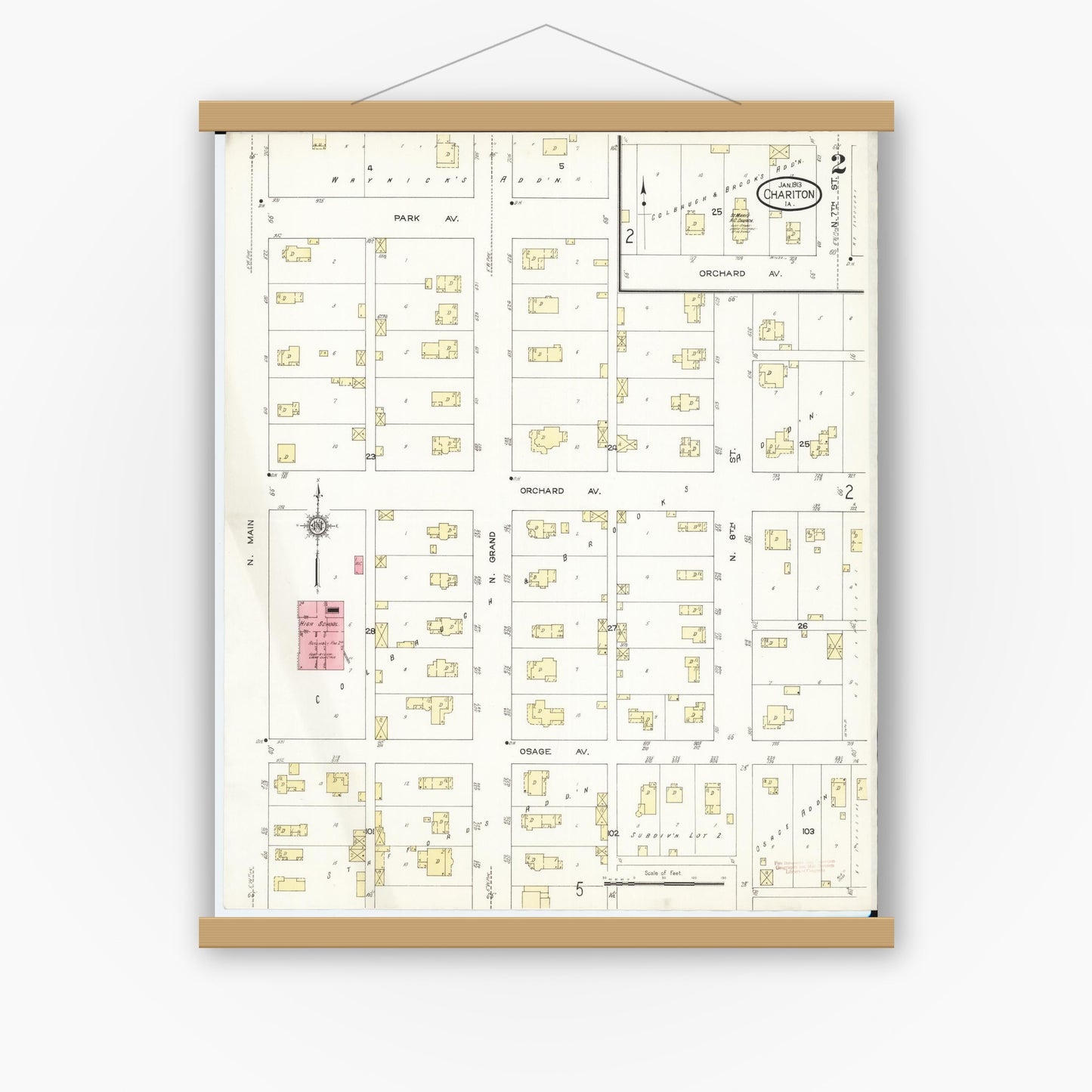 Old map wall art mockup — magnetic wood frame on white wall — Sanborn Fire Insurance Map from Chariton, Lucas County, Iowa (1913), Sheet #0002