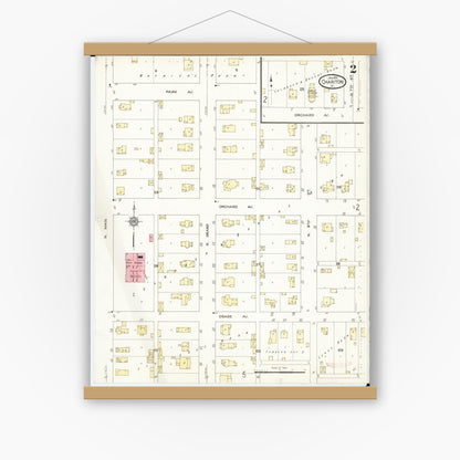 Old map wall art mockup — magnetic wood frame on white wall — Sanborn Fire Insurance Map from Chariton, Lucas County, Iowa (1913), Sheet #0002