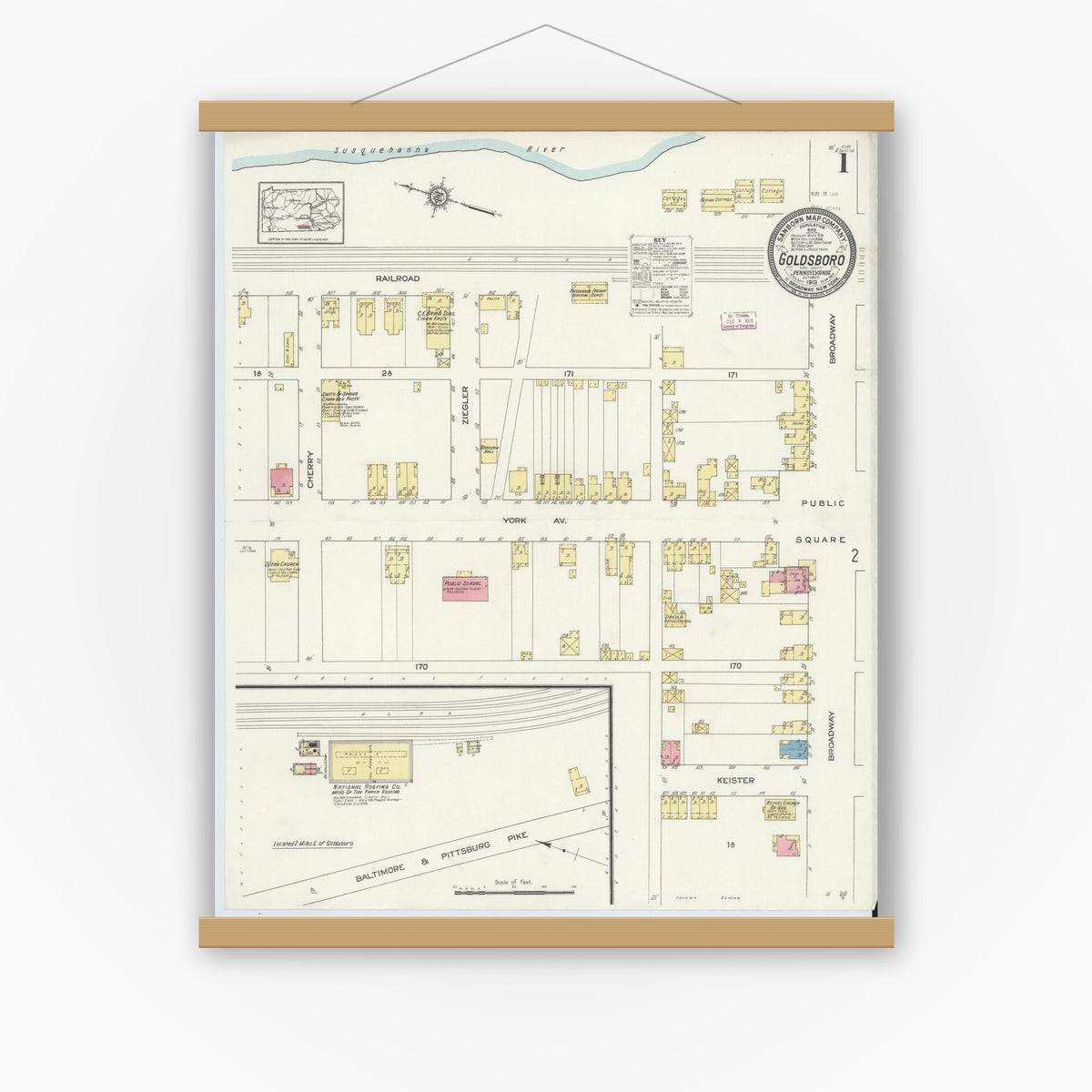 Old map wall art mockup — magnetic wood frame on white wall — Sanborn Fire Insurance Map from Goldsboro, York County, Pennsylvania (1913), Sheet #0001