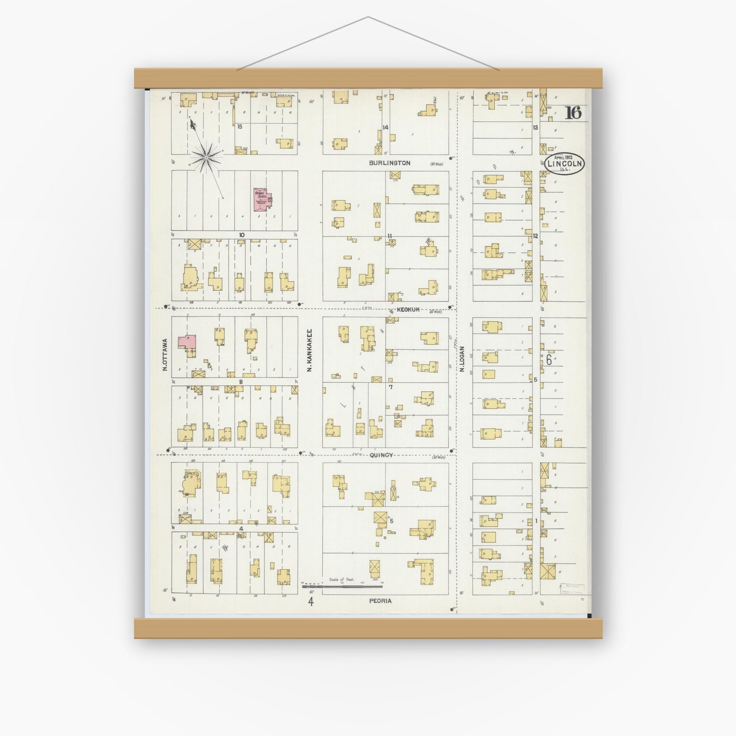 Old map wall art mockup — magnetic wood frame on white wall — Sanborn Fire Insurance Map from Lincoln, Logan County, Illinois (1902), Sheet #0016