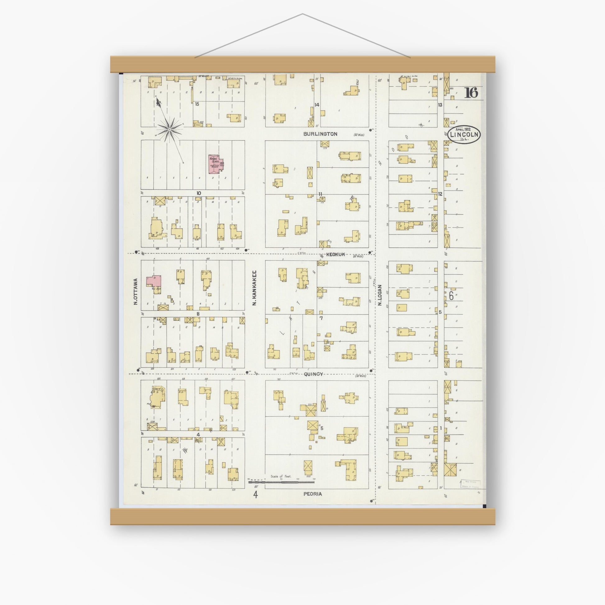 Old map wall art mockup — magnetic wood frame on white wall — Sanborn Fire Insurance Map from Lincoln, Logan County, Illinois (1902), Sheet #0016