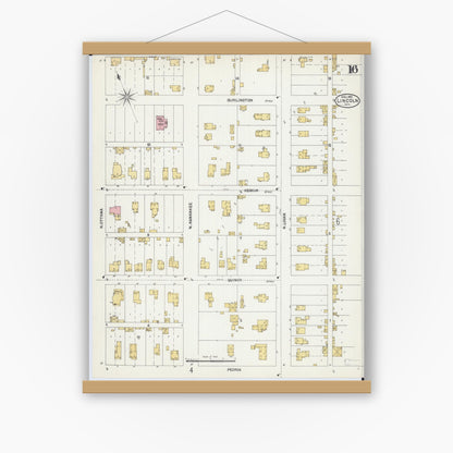 Old map wall art mockup — magnetic wood frame on white wall — Sanborn Fire Insurance Map from Lincoln, Logan County, Illinois (1902), Sheet #0016