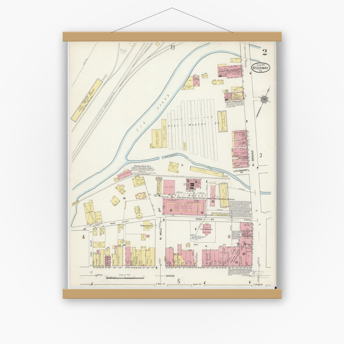 Old map wall art mockup — magnetic wood frame on white wall — Sanborn Fire Insurance Map from Ridgway, Elk County, Pennsylvania (1915), Sheet #0002