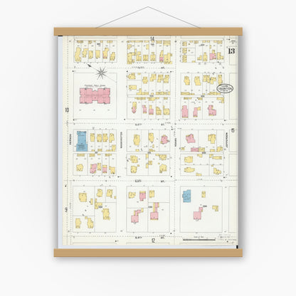 Old map wall art mockup — magnetic wood frame on white wall — Sanborn Fire Insurance Map from Ironton, Lawrence County, Ohio (1904), Sheet #0013