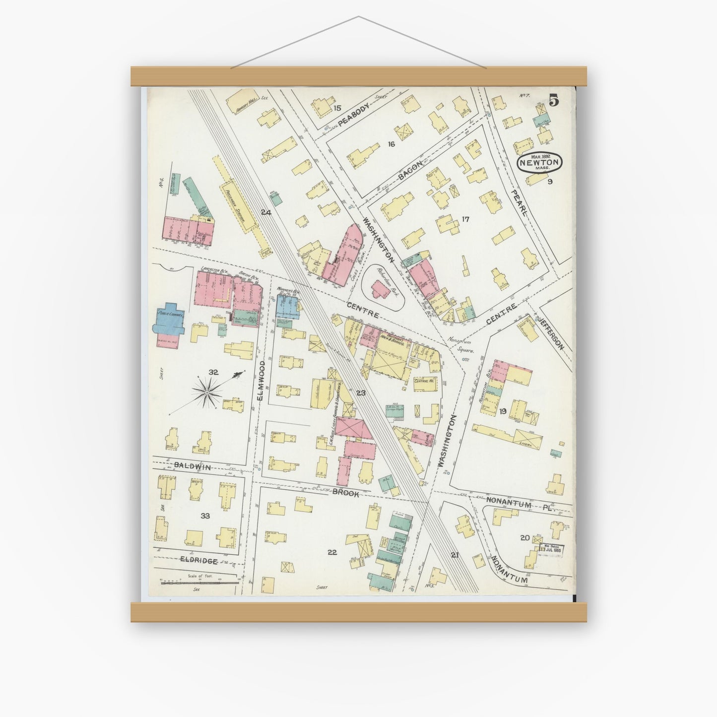 Old map wall art mockup — magnetic wood frame on white wall — Sanborn Fire Insurance Map from Newton, Middlesex County, Massachusetts (1892), Sheet #0005