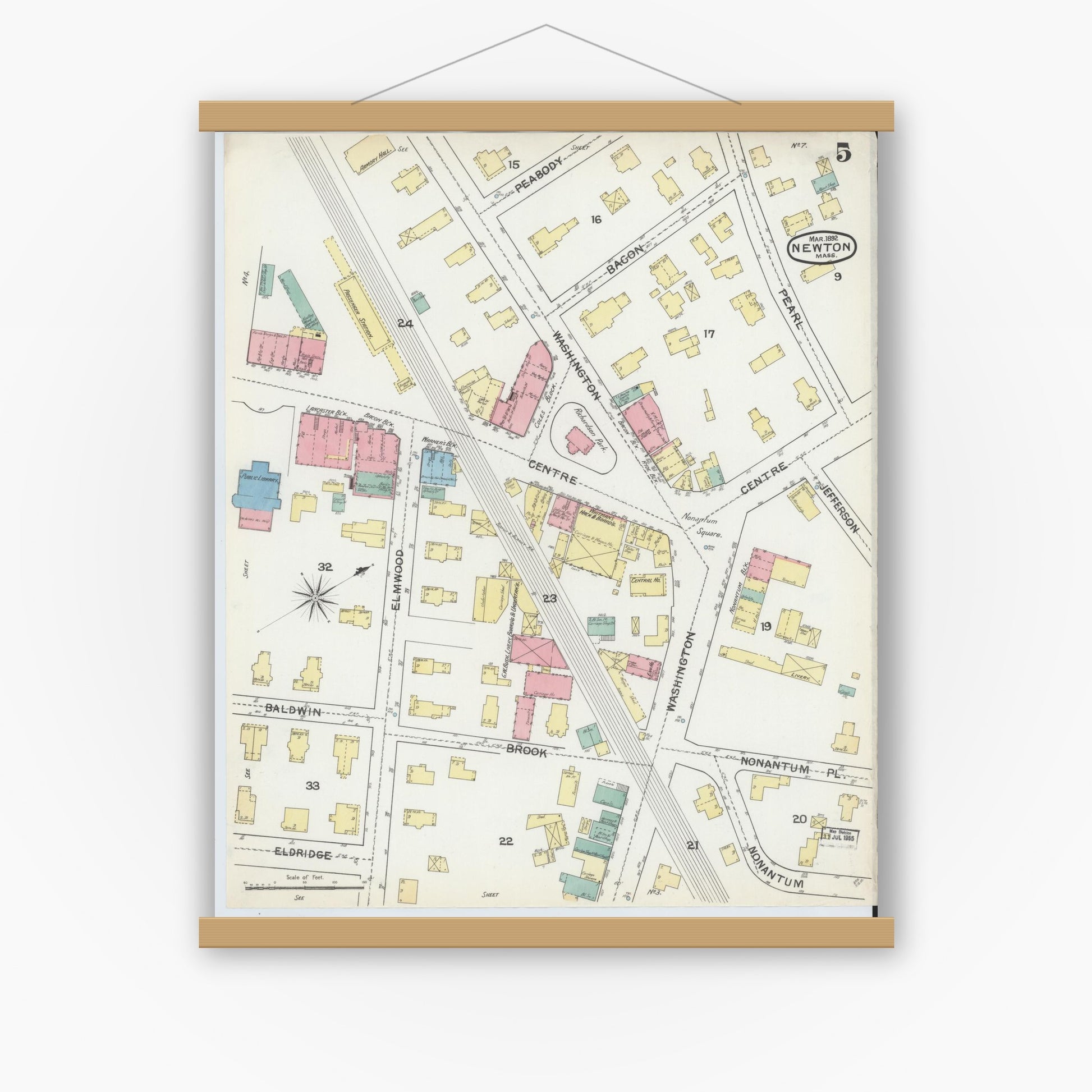 Old map wall art mockup — magnetic wood frame on white wall — Sanborn Fire Insurance Map from Newton, Middlesex County, Massachusetts (1892), Sheet #0005