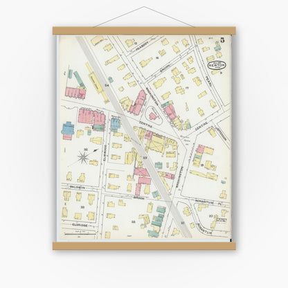 Old map wall art mockup — magnetic wood frame on white wall — Sanborn Fire Insurance Map from Newton, Middlesex County, Massachusetts (1892), Sheet #0005