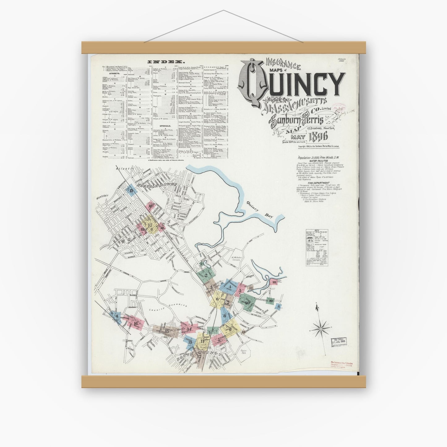 Old map wall art mockup — magnetic wood frame on white wall — Sanborn Fire Insurance Map from Quincy, Norfolk County, Massachusetts (1896) - Complete Map Set