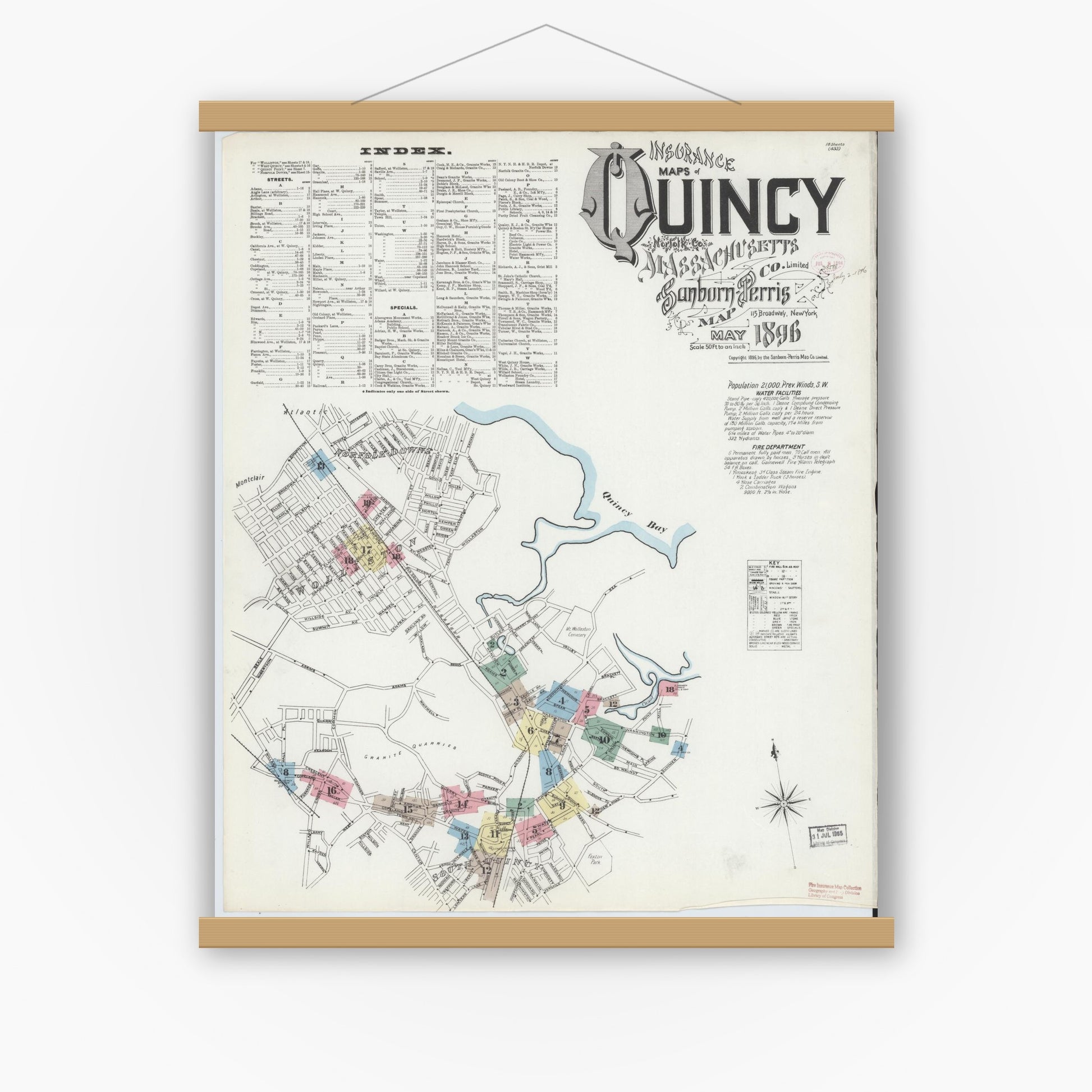 Old map wall art mockup — magnetic wood frame on white wall — Sanborn Fire Insurance Map from Quincy, Norfolk County, Massachusetts (1896) - Complete Map Set