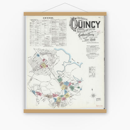 Old map wall art mockup — magnetic wood frame on white wall — Sanborn Fire Insurance Map from Quincy, Norfolk County, Massachusetts (1896) - Complete Map Set