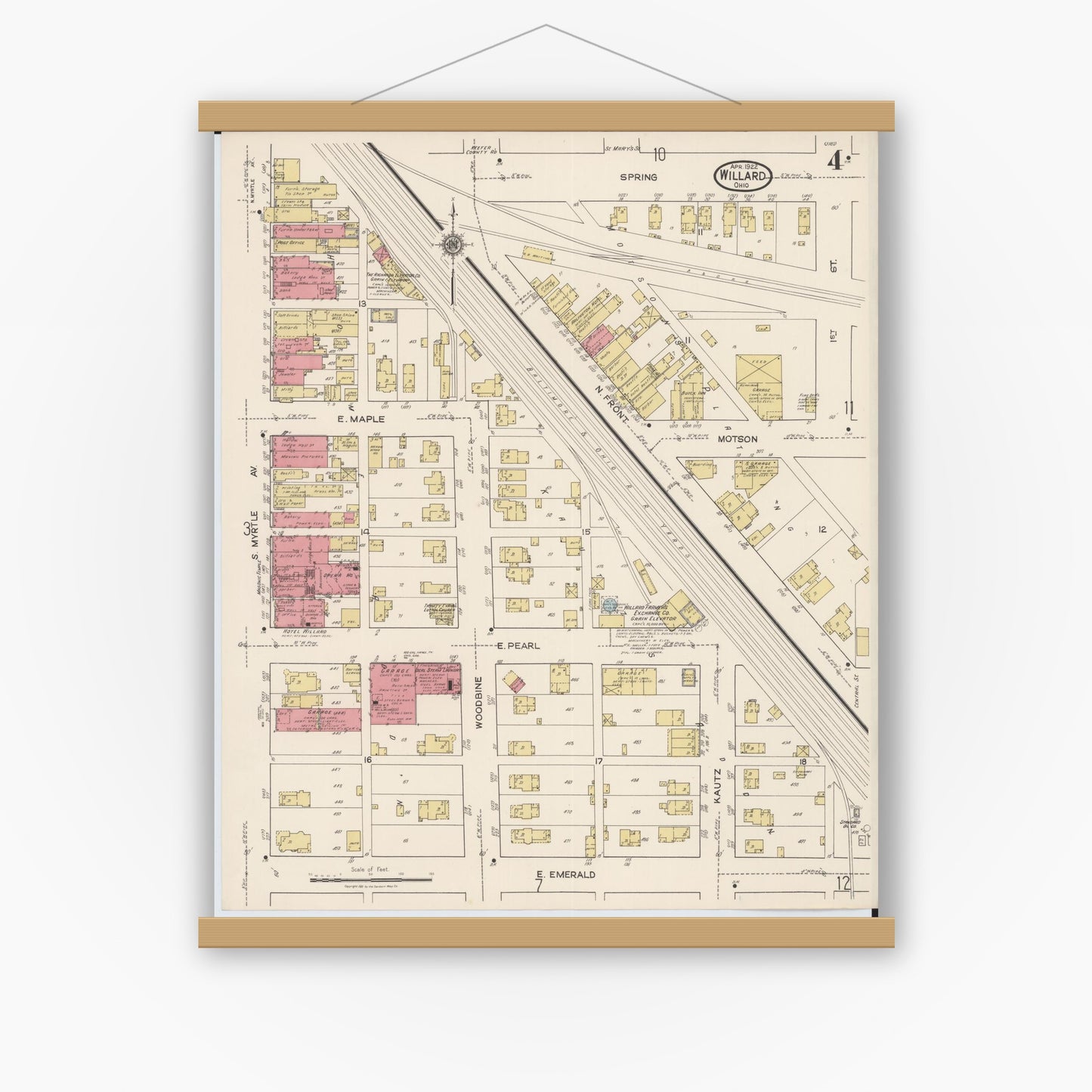 Old map wall art mockup — magnetic wood frame on white wall — Sanborn Fire Insurance Map from Willard, Huron County, Ohio (1922), Sheet #0004