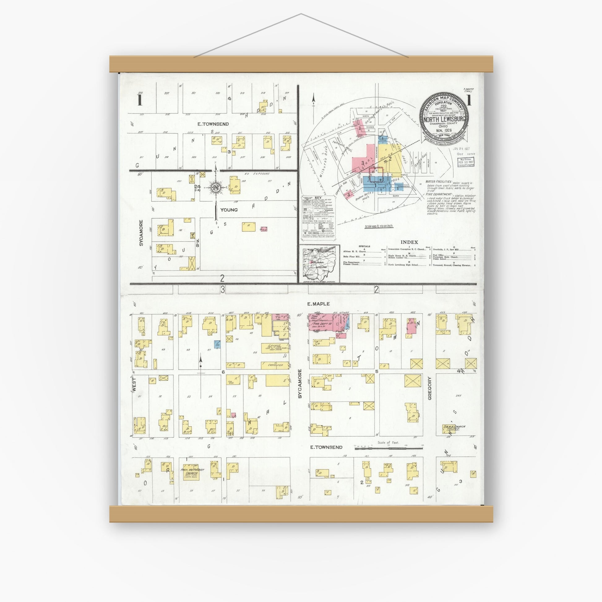Old map wall art mockup — magnetic wood frame on white wall — Sanborn Fire Insurance Map from North Lewisburg, Champaign County, Ohio (1926), Sheet #0001