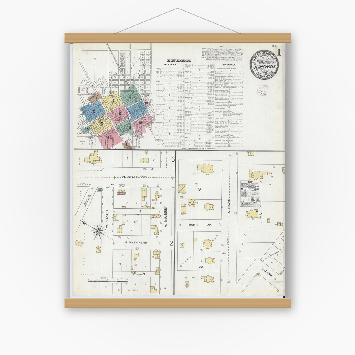 Old map wall art mockup — magnetic wood frame on white wall — Sanborn Fire Insurance Map from Jerseyville, Jersey County, Illinois (1906) - Complete Map Set