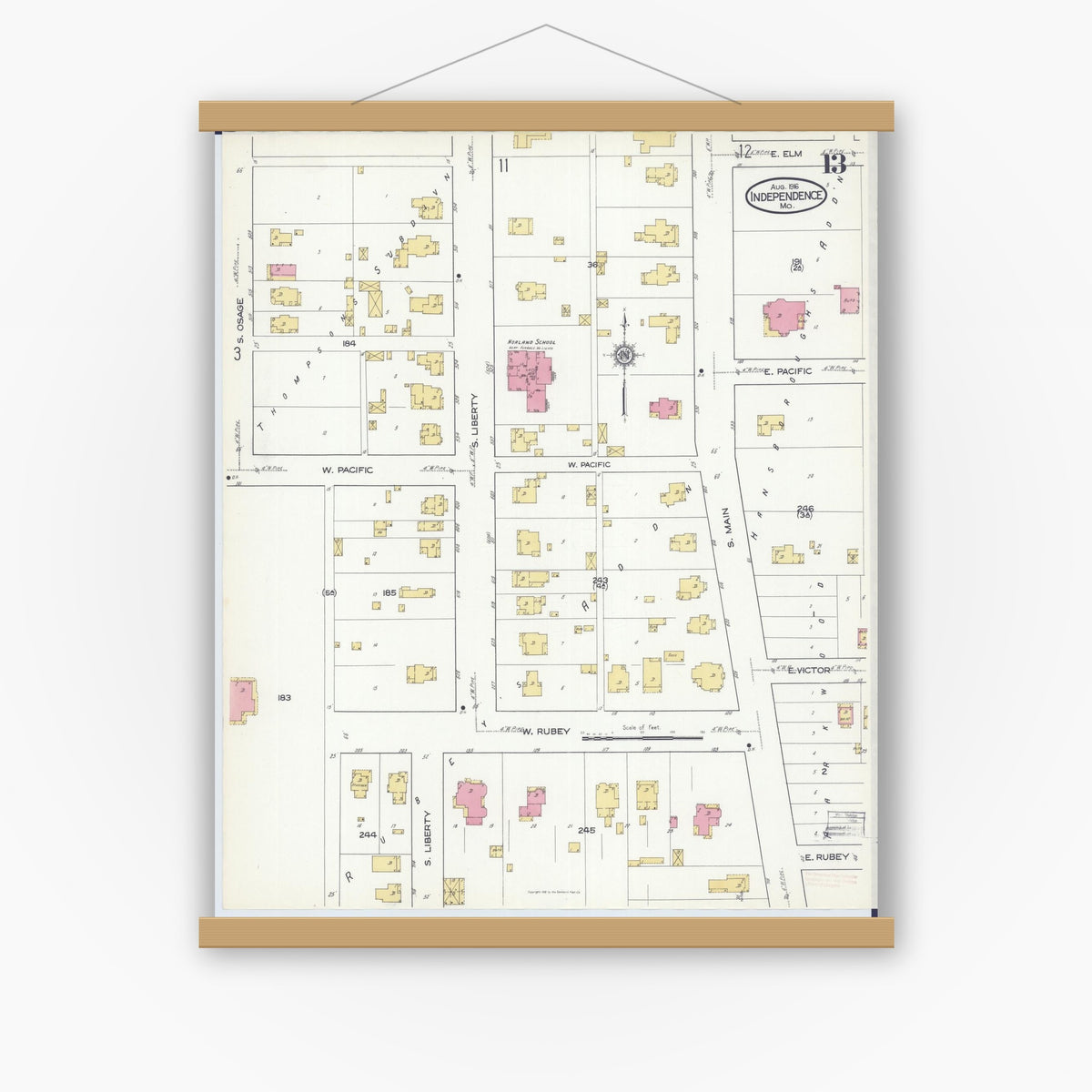Old map wall art mockup — magnetic wood frame on white wall — Sanborn Fire Insurance Map from Independence, Jackson County, Missouri (1916), Sheet #0013