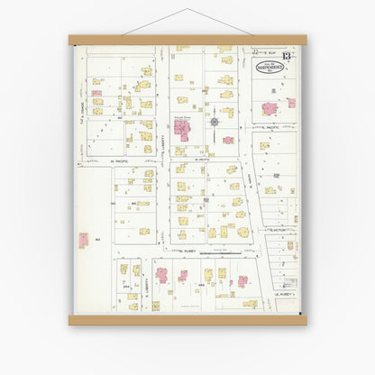 Old map wall art mockup — magnetic wood frame on white wall — Sanborn Fire Insurance Map from Independence, Jackson County, Missouri (1916), Sheet #0013