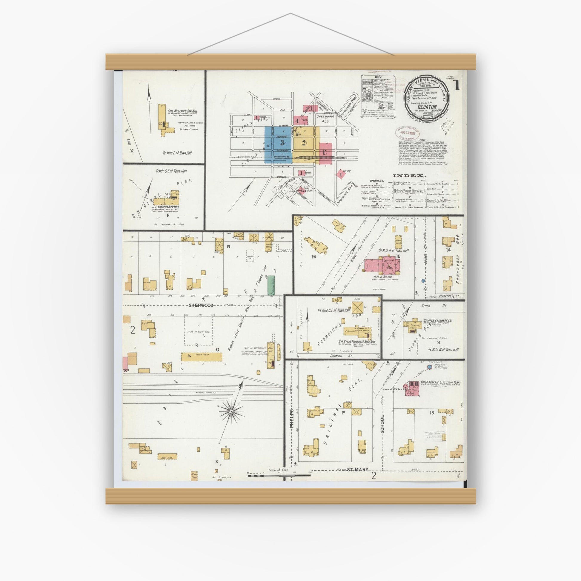 Old map wall art mockup — magnetic wood frame on white wall — Sanborn Fire Insurance Map from Decatur, Van Buren County, Michigan (1899) - Complete Map Set