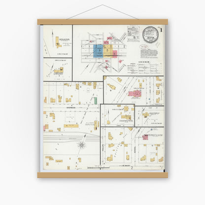Old map wall art mockup — magnetic wood frame on white wall — Sanborn Fire Insurance Map from Decatur, Van Buren County, Michigan (1899) - Complete Map Set