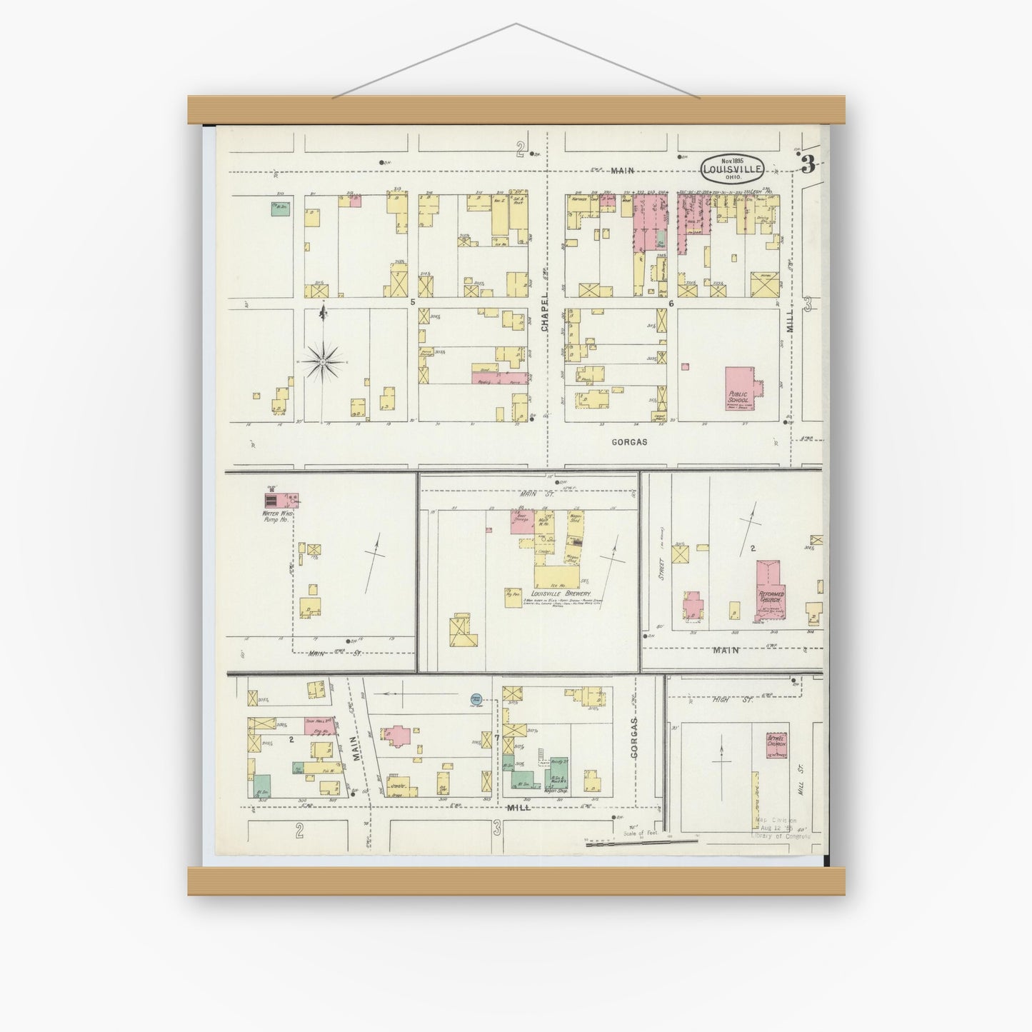 Old map wall art mockup — magnetic wood frame on white wall — Sanborn Fire Insurance Map from Louisville, Stark County, Ohio (1895), Sheet #0003