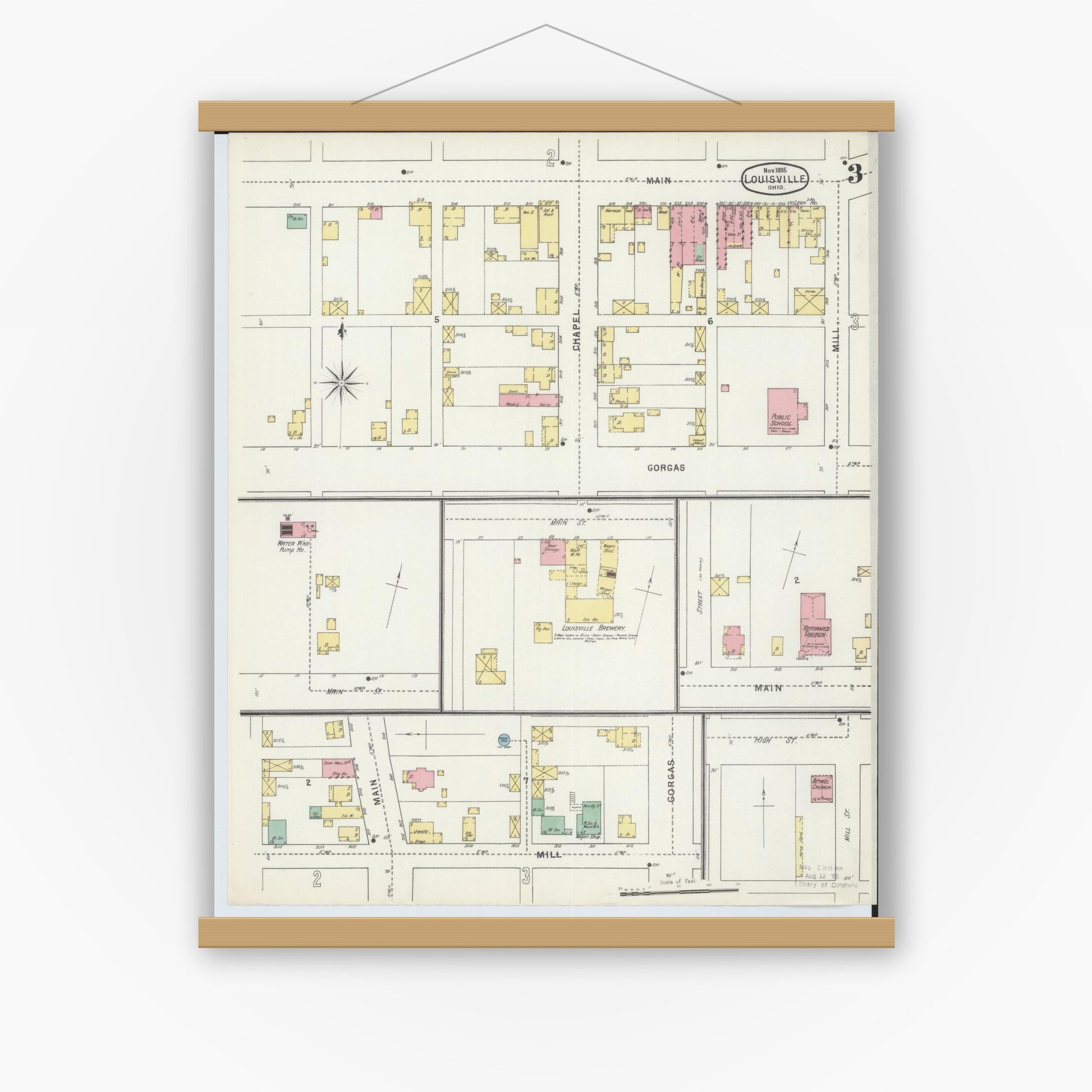 Old map wall art mockup — magnetic wood frame on white wall — Sanborn Fire Insurance Map from Louisville, Stark County, Ohio (1895), Sheet #0003