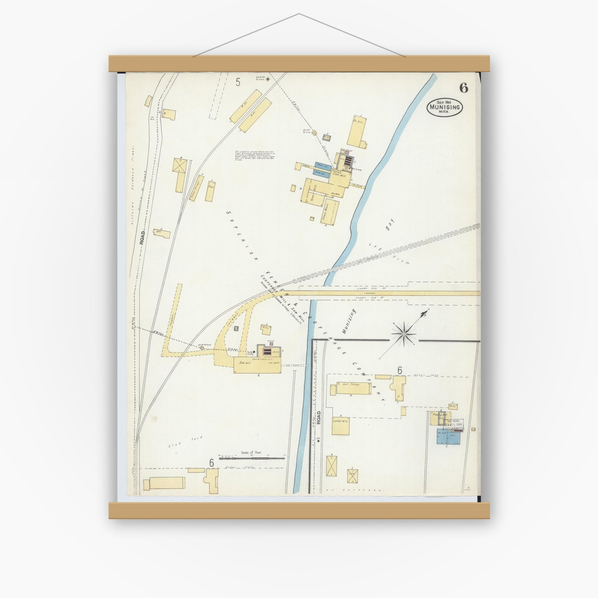 Old map wall art mockup — magnetic wood frame on white wall — Sanborn Fire Insurance Map from Munising, Alger County, Michigan (1906), Sheet #0006