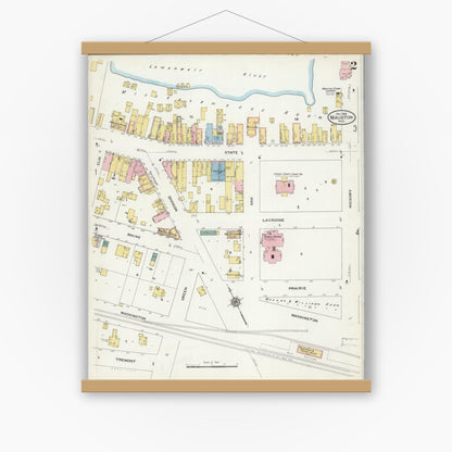 Old map wall art mockup — magnetic wood frame on white wall — Sanborn Fire Insurance Map from Mauston, Juneau County, Wisconsin (1909), Sheet #0002