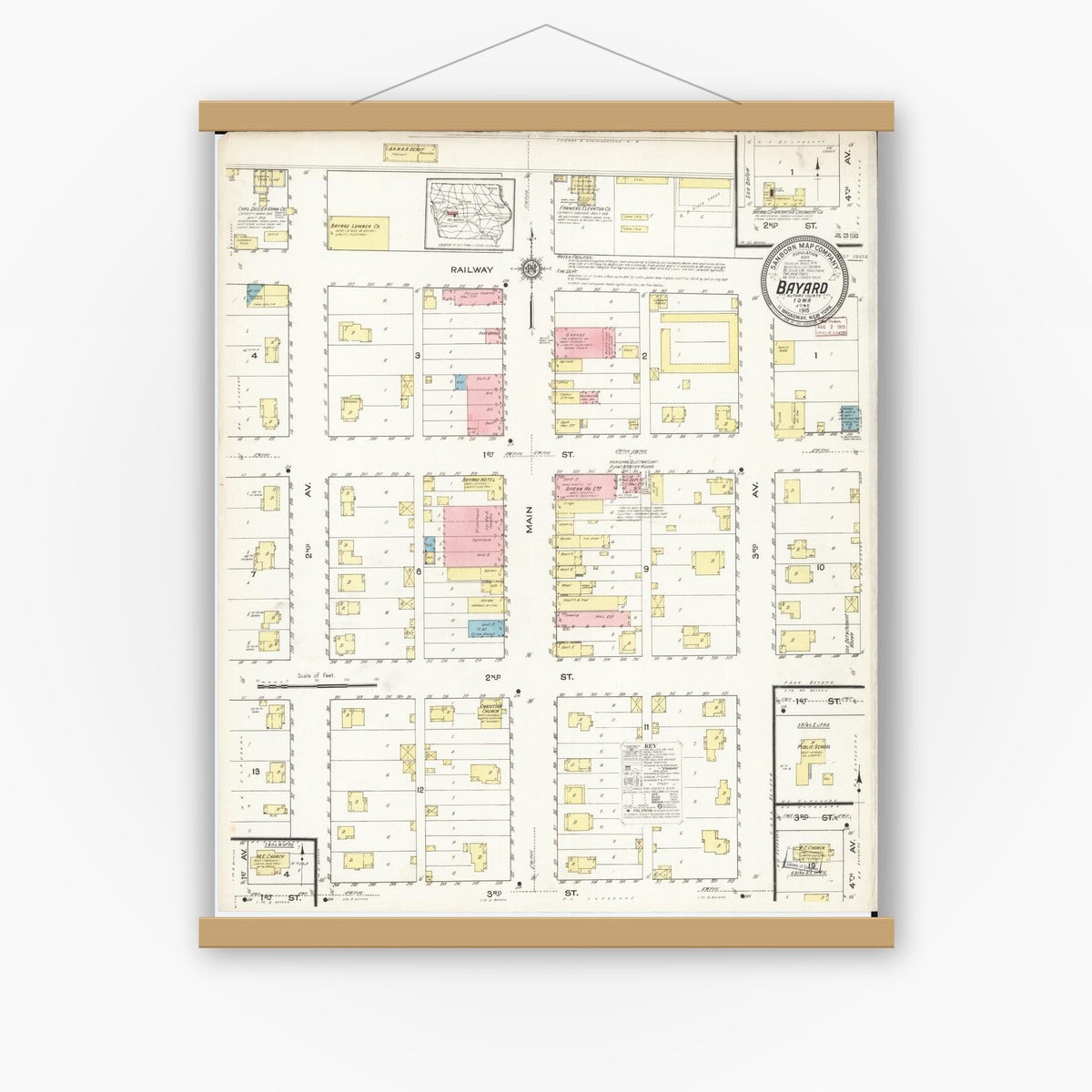 Old map wall art mockup — magnetic wood frame on white wall — Sanborn Fire Insurance Map from Bayard, Guthrie County, Iowa (1915), Sheet #0001