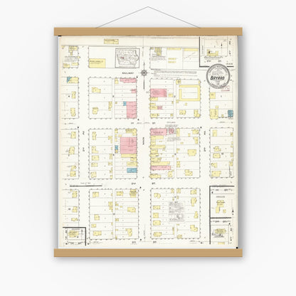 Old map wall art mockup — magnetic wood frame on white wall — Sanborn Fire Insurance Map from Bayard, Guthrie County, Iowa (1915), Sheet #0001