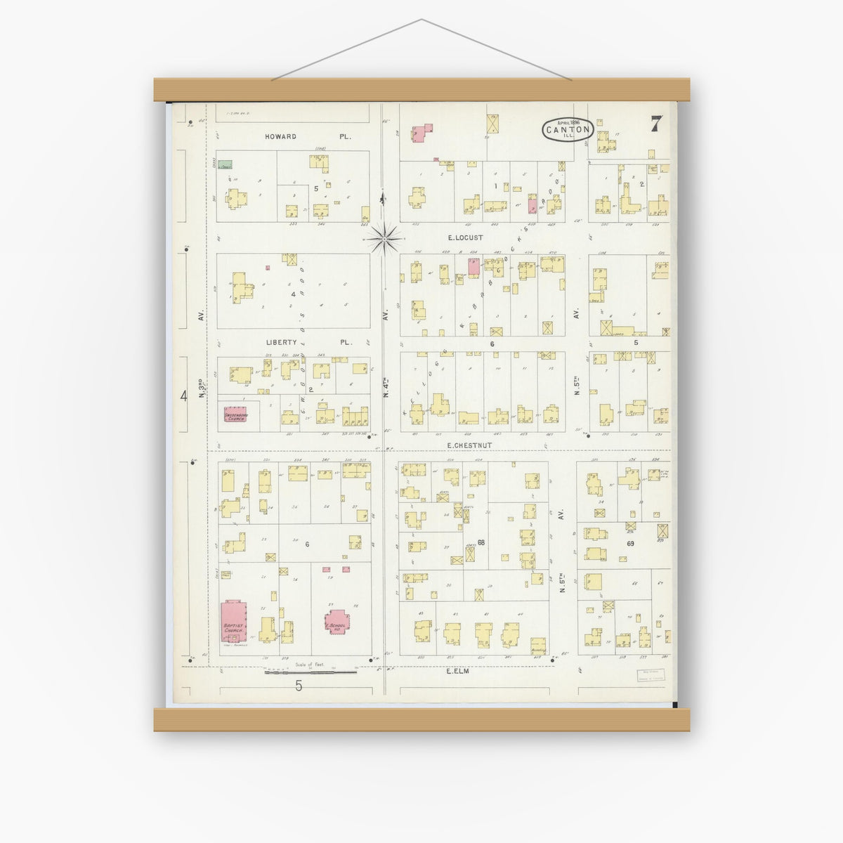 Old map wall art mockup — magnetic wood frame on white wall — Sanborn Fire Insurance Map from Canton, Fulton County, Illinois (1896), Sheet #0007