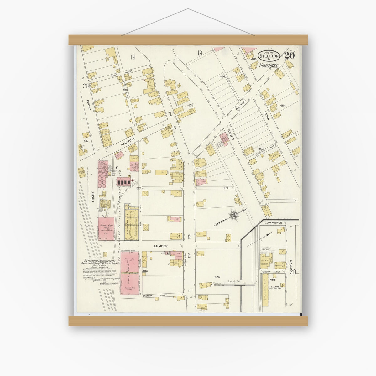 Old map wall art mockup — magnetic wood frame on white wall — Sanborn Fire Insurance Map from Steelton, Dauphin County, Pennsylvania (1915), Sheet #0020