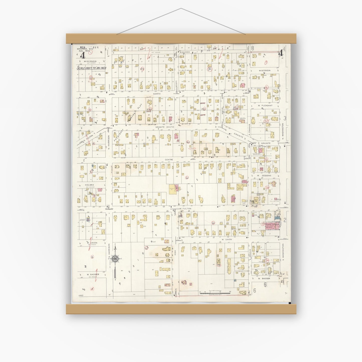 Old map wall art mockup — magnetic wood frame on white wall — Sanborn Fire Insurance Map from Waupaca, Waupaca County, Wisconsin (1941), Sheet #0004