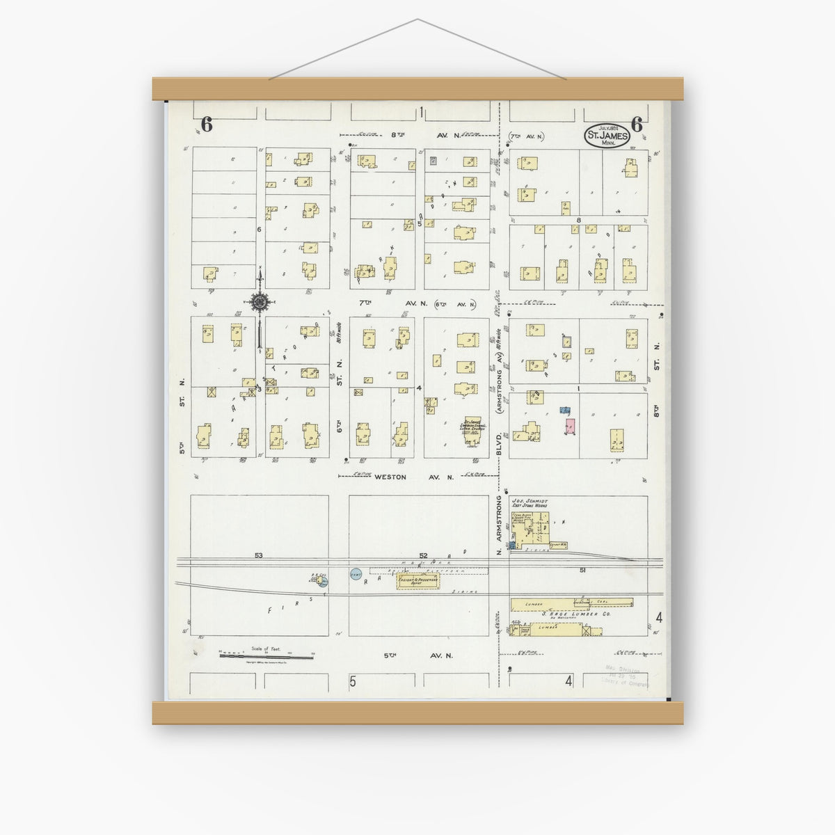 Old map wall art mockup — magnetic wood frame on white wall — Sanborn Fire Insurance Map from Saint James, Watonwan County, Minnesota (1924), Sheet #0006