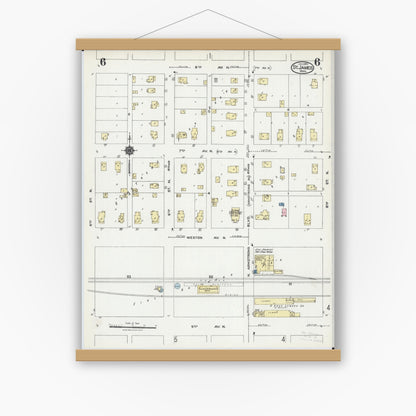 Old map wall art mockup — magnetic wood frame on white wall — Sanborn Fire Insurance Map from Saint James, Watonwan County, Minnesota (1924), Sheet #0006